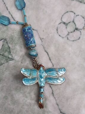 Very Long Blue Dragonfly Cloisonné Necklace